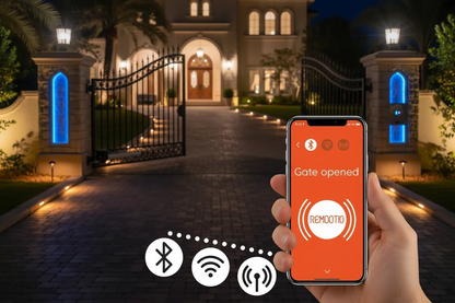 Smart gate controller, Remootio 3 smart gate controller in Qatar, shown with an orange phone app and Bluetooth and Wi-Fi icons