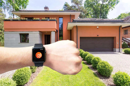 Smart gate controller, a black smartwatch displaying an orange gate-control icon; Remootio 3 smart gate controller in Qatar is the focus keyword.