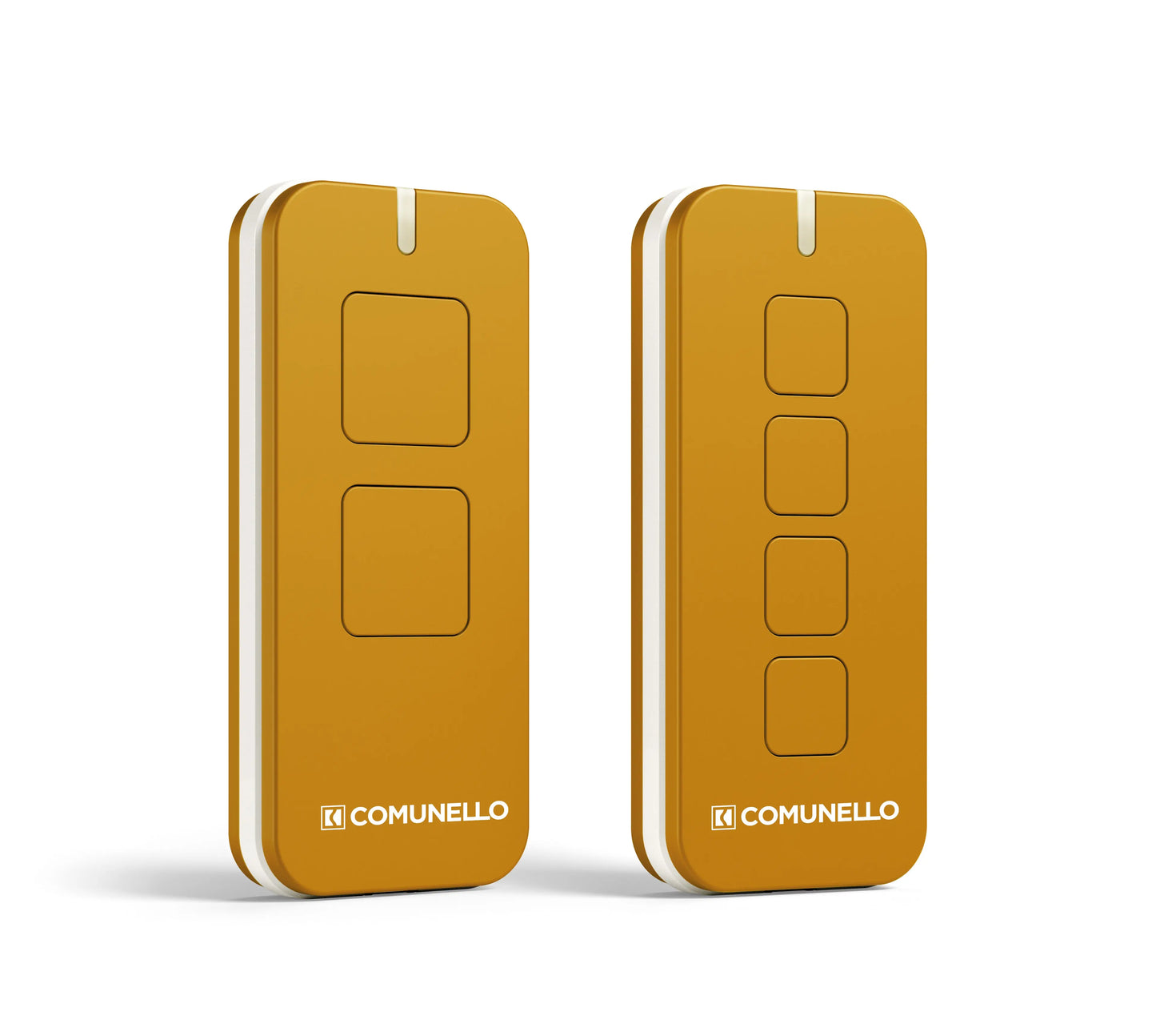 Comunello Remotes Rolling Code in saffron yellow with multiple buttons, secure and compatible with receivers.