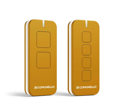 Comunello Rolling-Code Gate Remote in gold-toned plastic, with rounded rectangular cases and two or four outlined buttons.