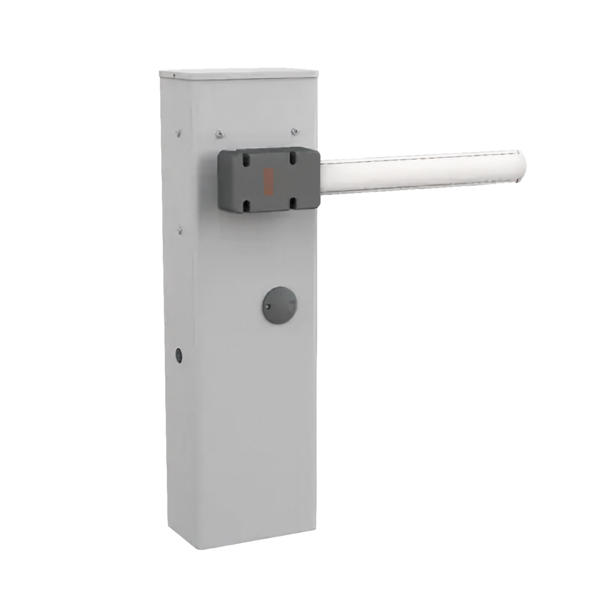 Able BA-Series Automatic Road Barriers with a light grey metal housing, black boom mount and white aluminium arm.